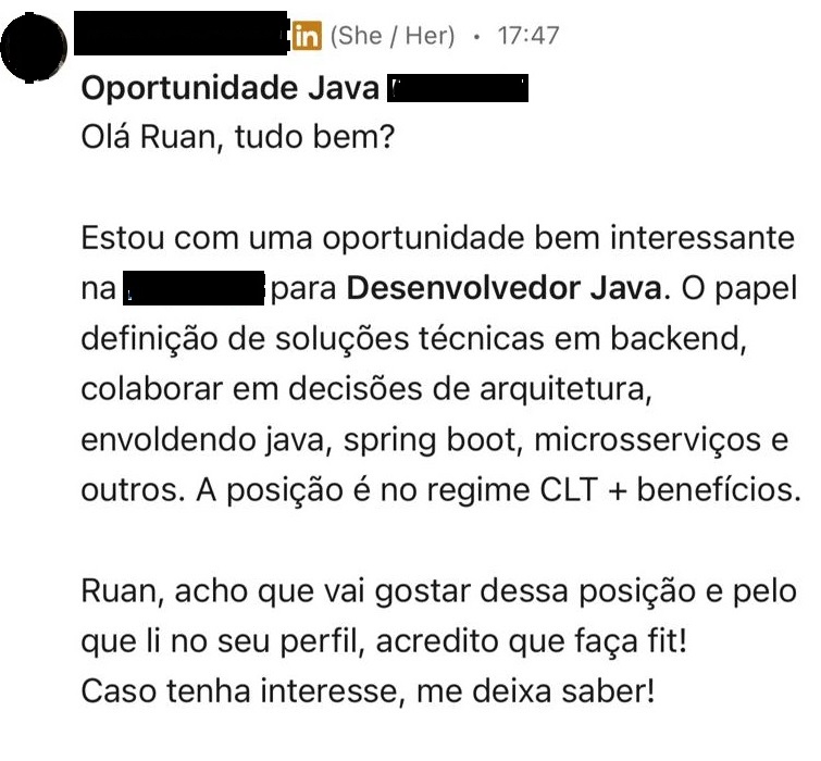 Print de recrutador oferecendo vaga Java no LinkedIn